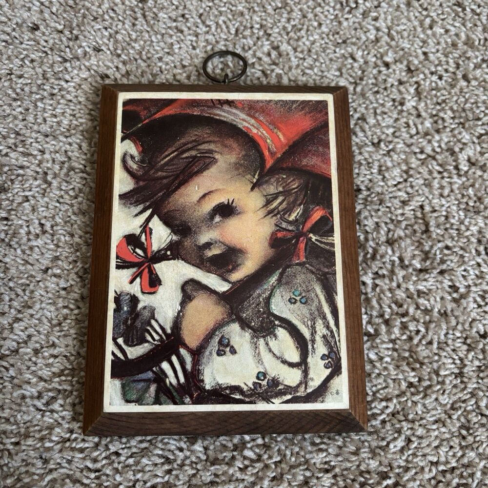 Vintage Hummel Wall Plaque Print Wood Girl Under Umbrella